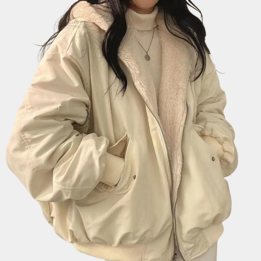 Women's hooded bomber jacket with fur-style lining, zip front and ribbed trims