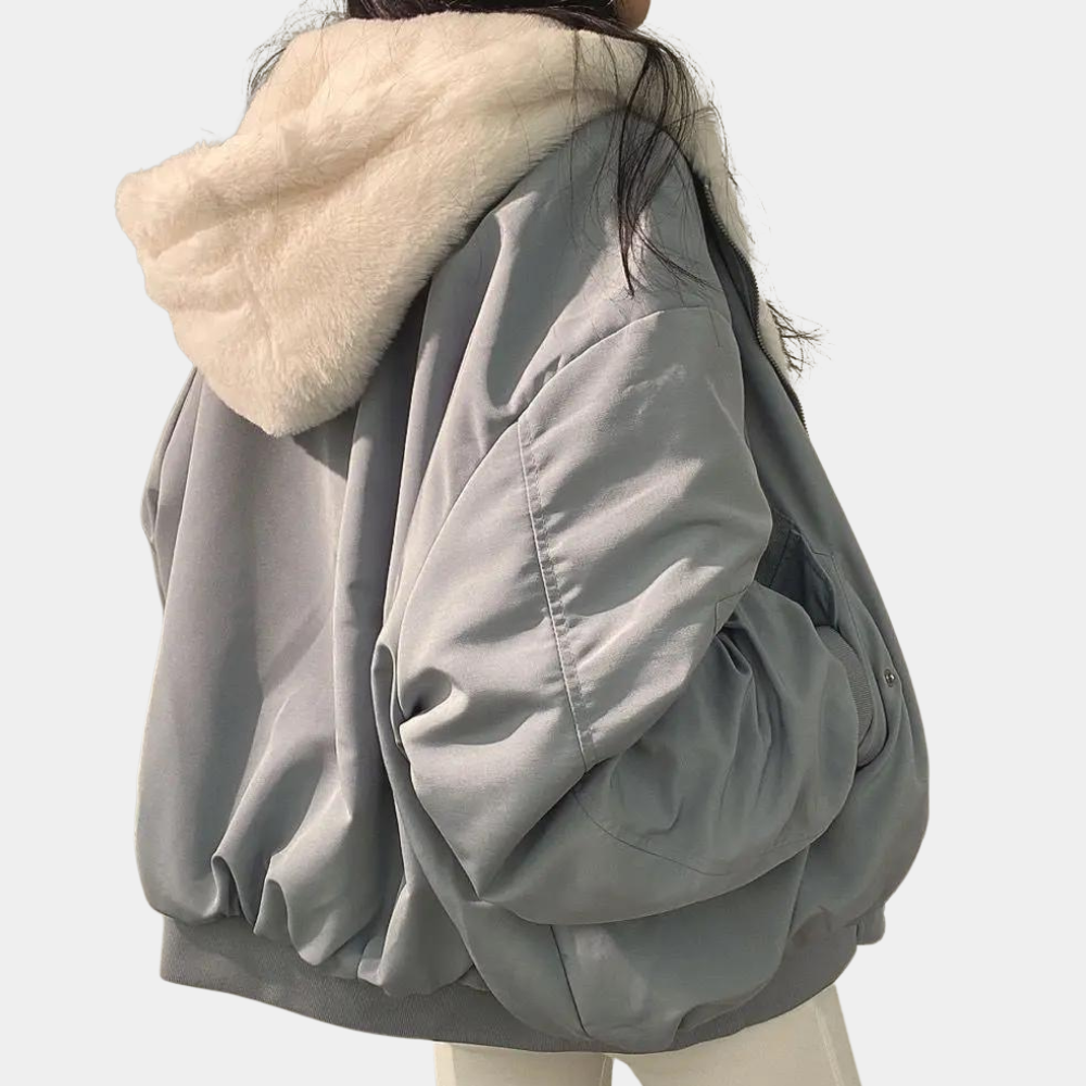 Women's hooded bomber jacket with fur-style lining, zip front and ribbed trims