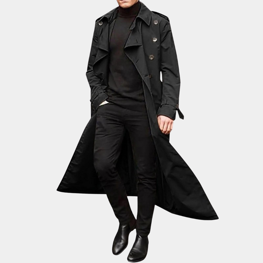 Men's long double-breasted trench coat with pointed collar and button front