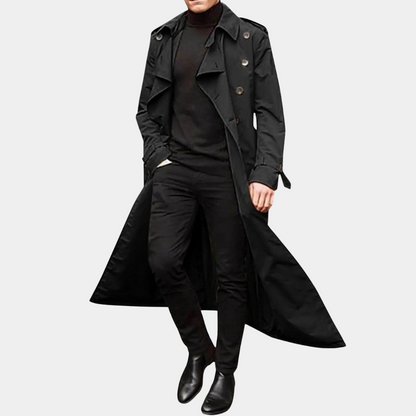 Men's long double-breasted trench coat with pointed collar and button front