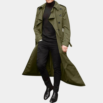 Men's long double-breasted trench coat with pointed collar and button front