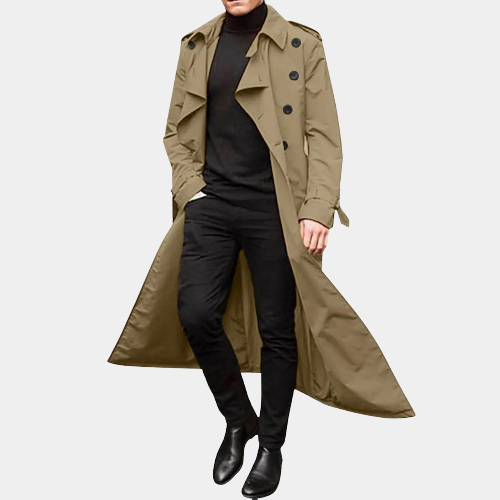 Men's long double-breasted trench coat with pointed collar and button front