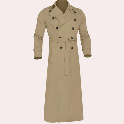 Men's long double-breasted trench coat with pointed collar and button front