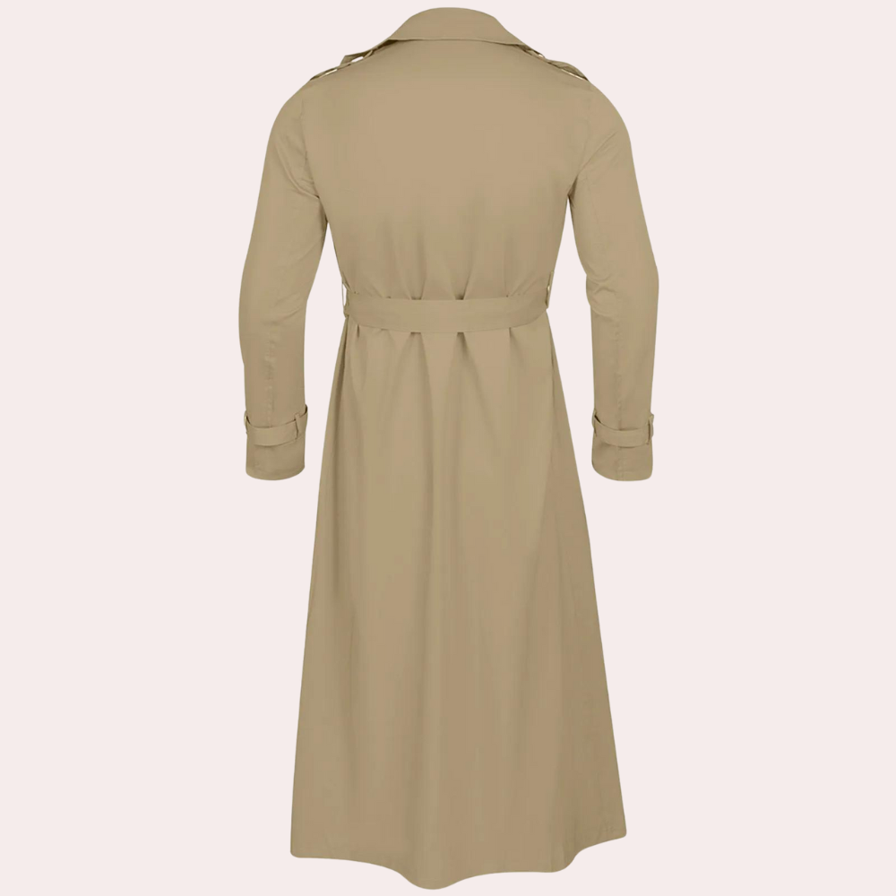 Men's long double-breasted trench coat with pointed collar and button front