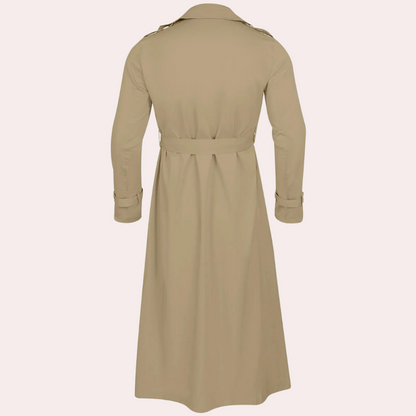Men's long double-breasted trench coat with pointed collar and button front