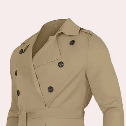 Men's long double-breasted trench coat with pointed collar and button front