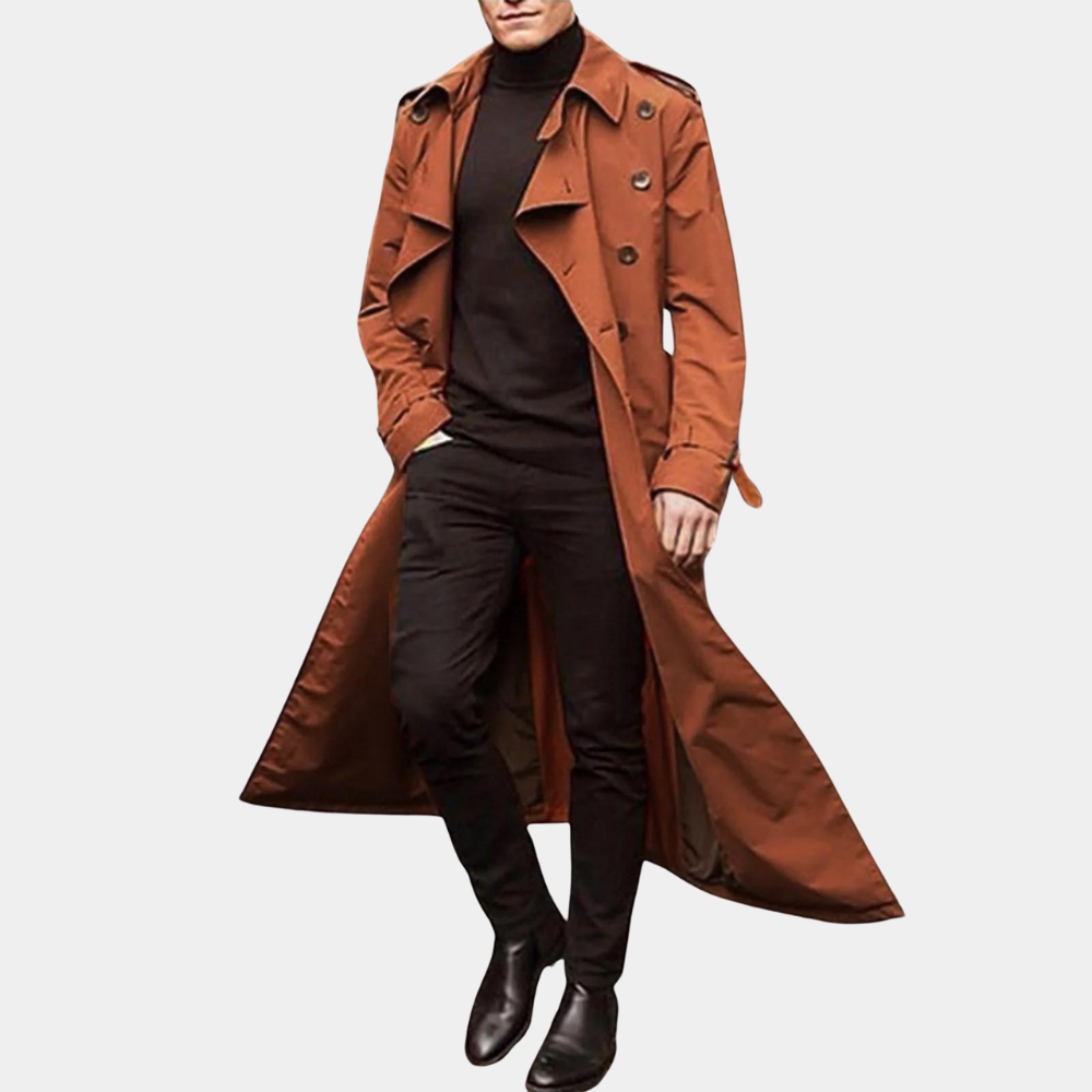 Men's long double-breasted trench coat with pointed collar and button front