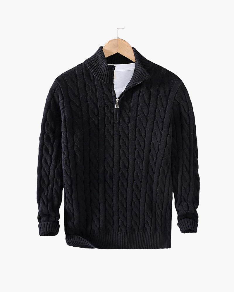 Cable knit sweater with mock collar, quarter zip and ribbed trims