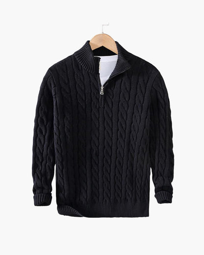 Cable knit sweater with mock collar, quarter zip and ribbed trims