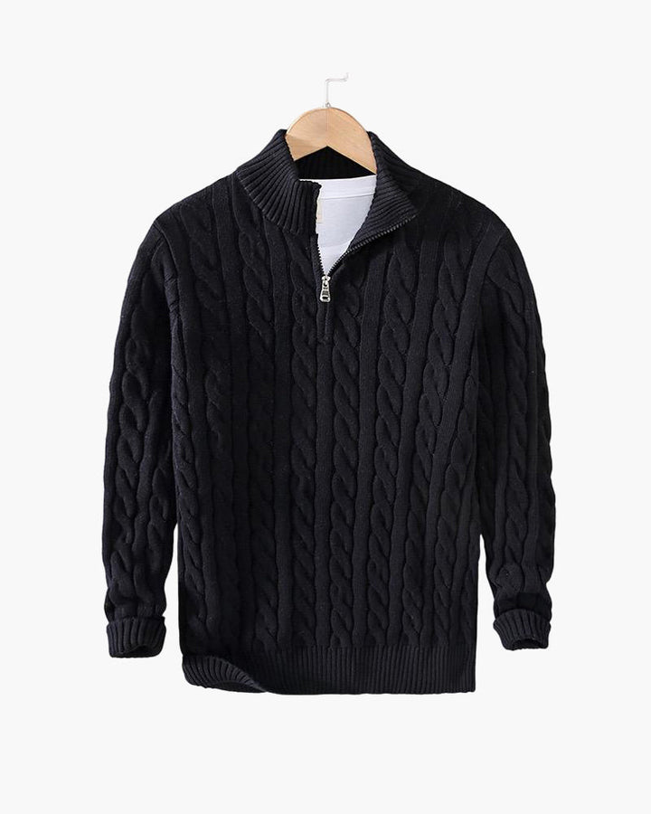 Cable knit sweater with mock collar, quarter zip and ribbed trims