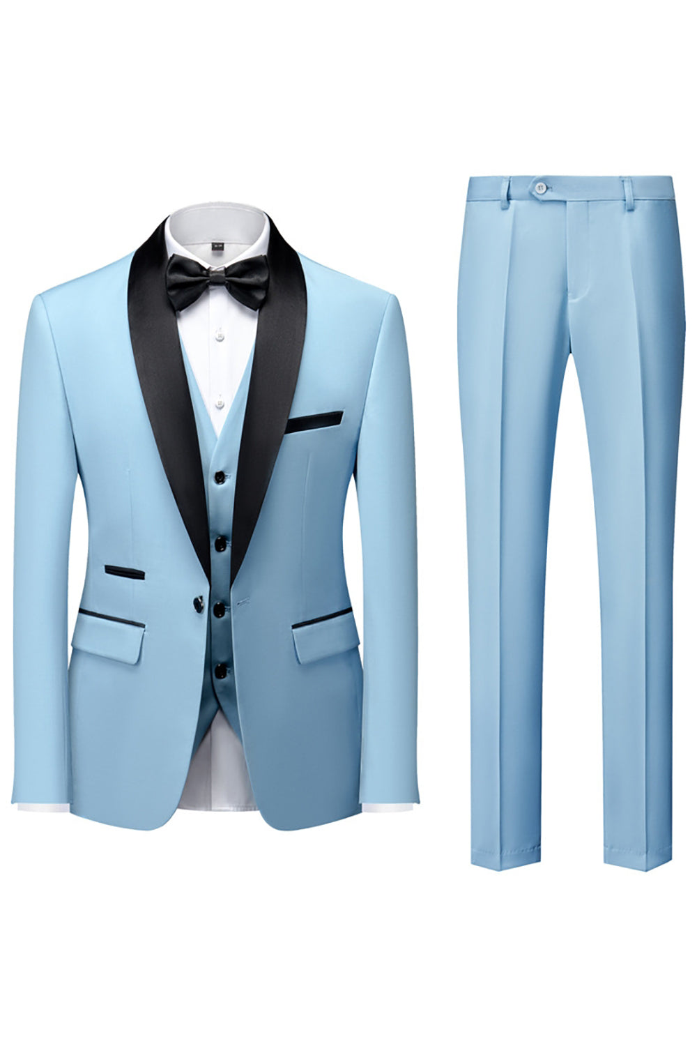 Men's three-piece suit with shawl lapel, waistcoat and trousers