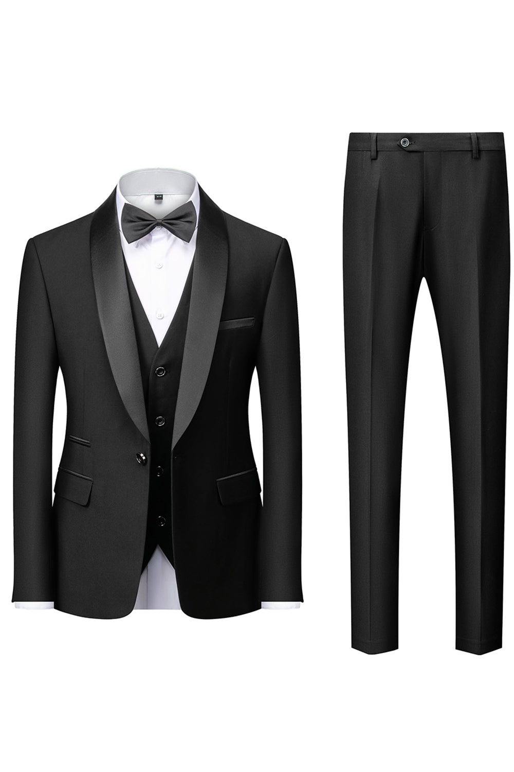 Men's three-piece suit with shawl lapel, waistcoat and trousers