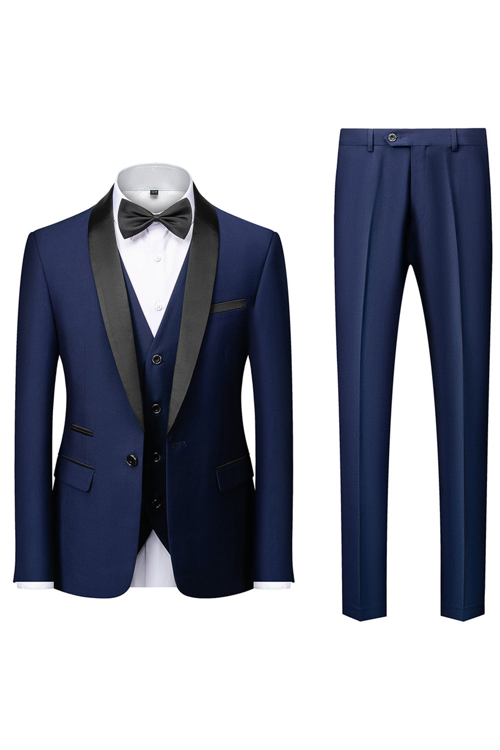 Men's three-piece suit with shawl lapel, waistcoat and trousers