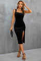 Women's velvet midi cocktail dress with square neckline and side slit