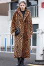 Women's long brown leopard print coat with notched lapels and long sleeves
