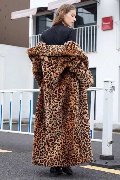 Women's long brown leopard print coat with notched lapels and long sleeves