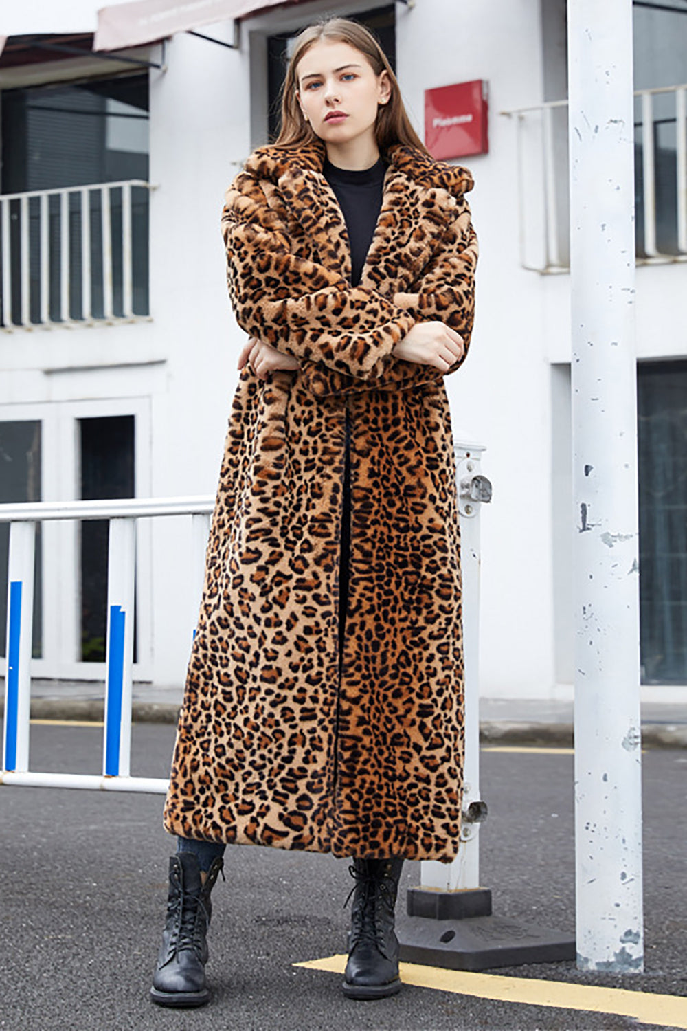 Women's long brown leopard print coat with notched lapels and long sleeves