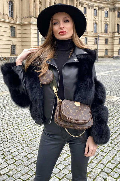 Women's black cropped jacket with faux fur panels