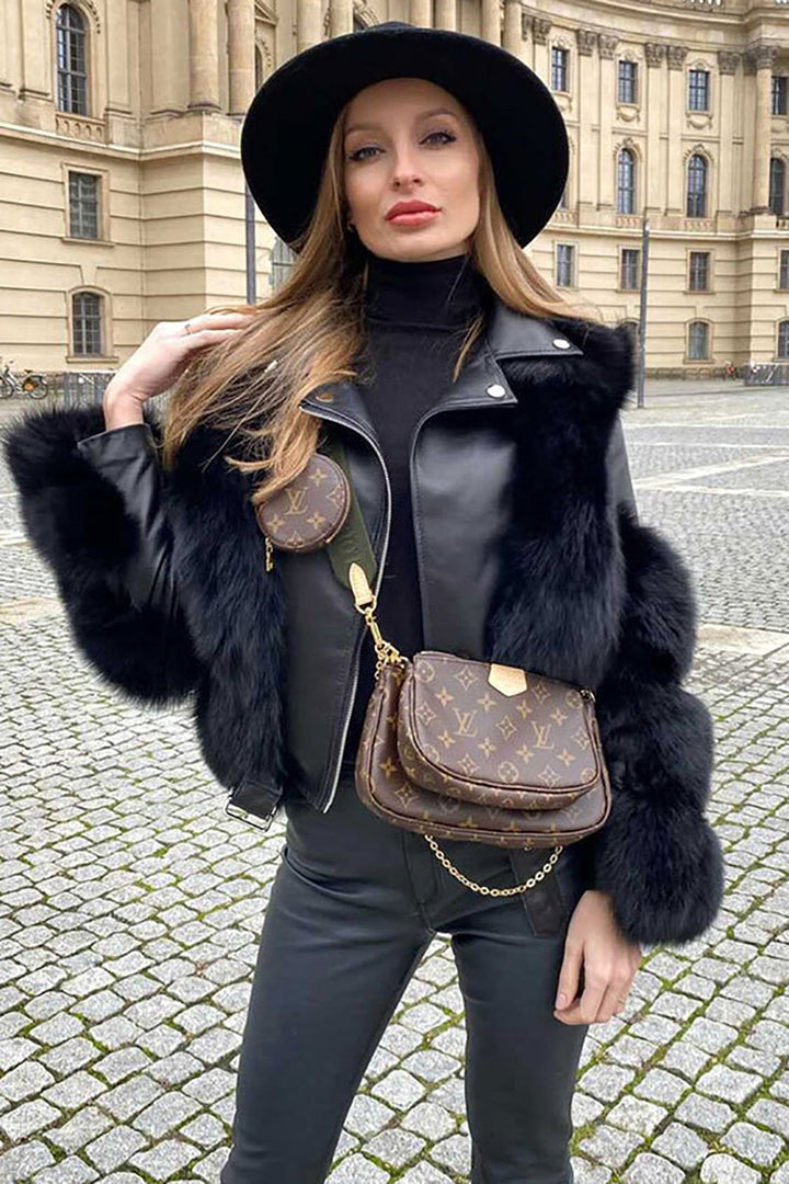 Women's black cropped jacket with faux fur panels
