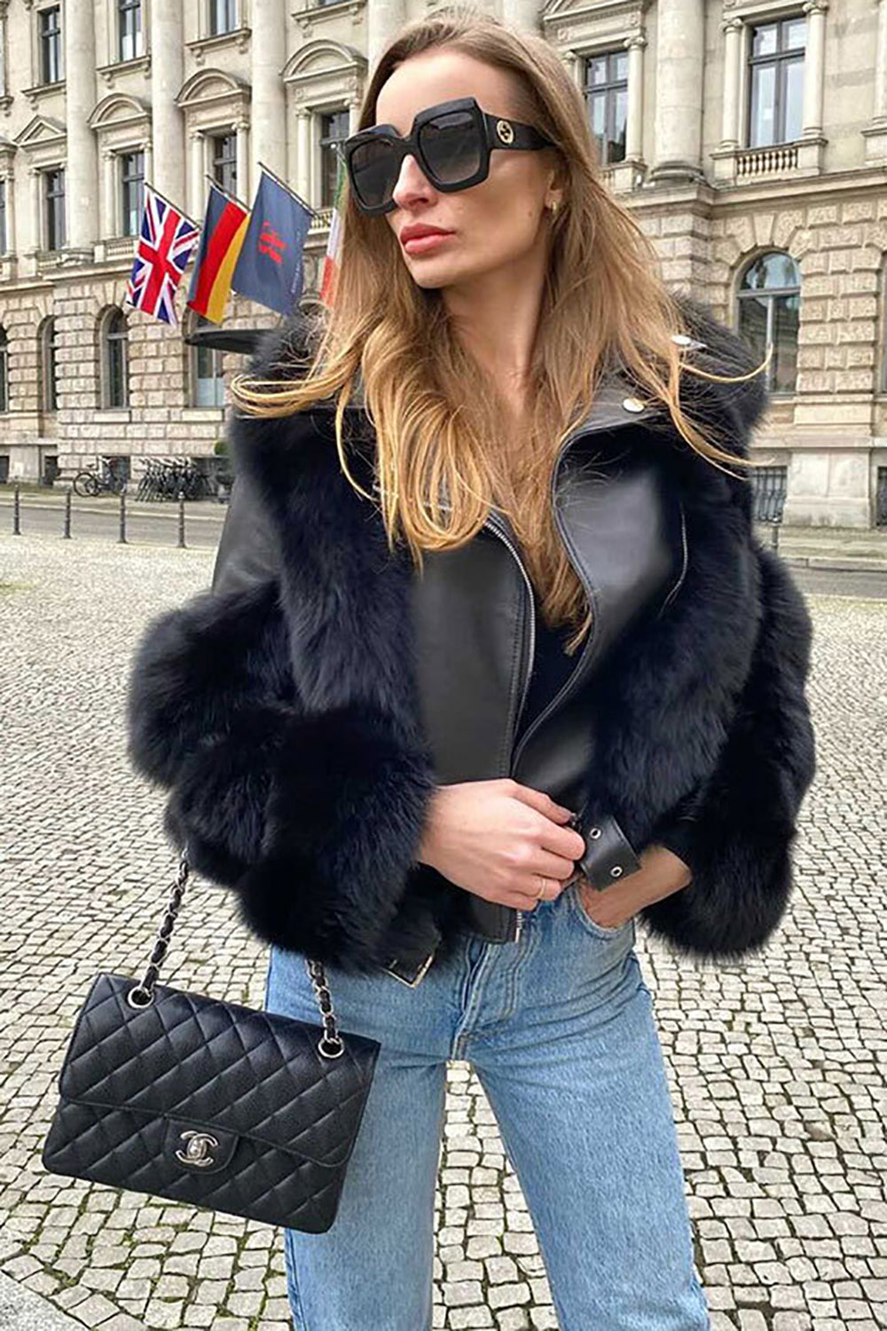 Women's black cropped jacket with faux fur panels