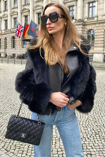 Women's black cropped jacket with faux fur panels