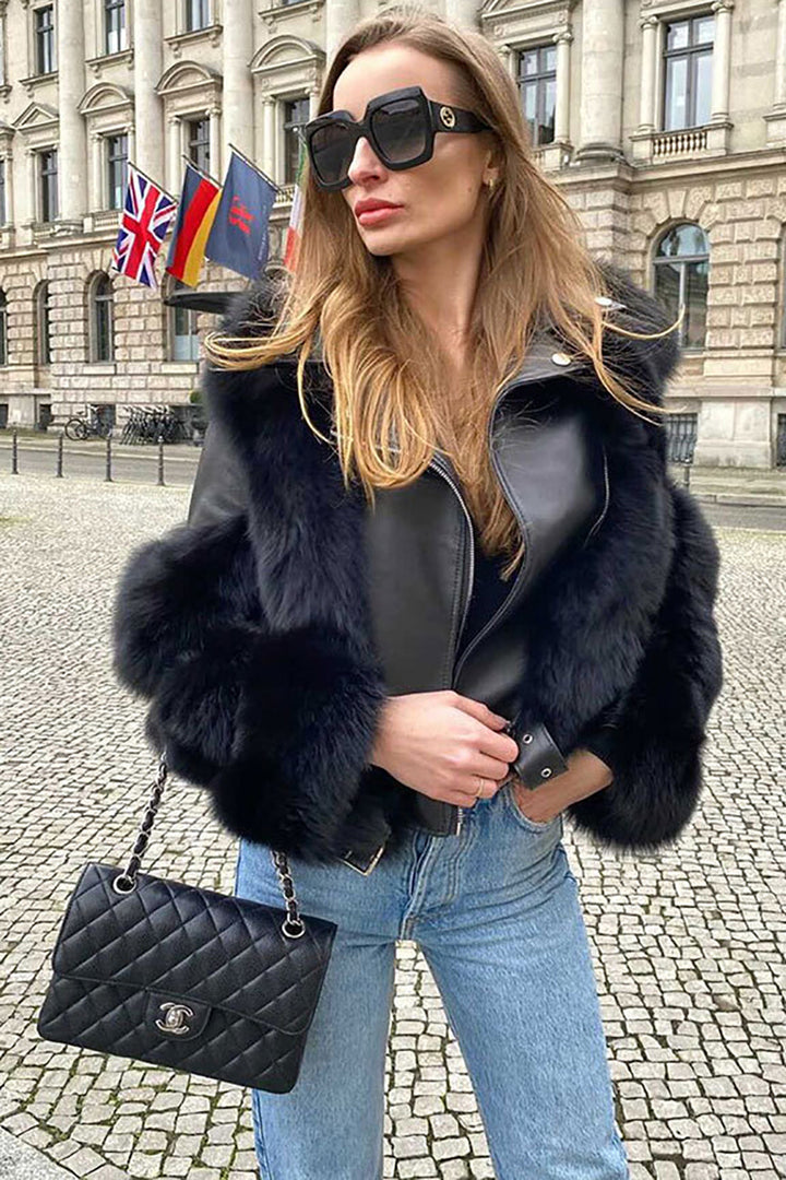 Women's black cropped jacket with faux fur panels