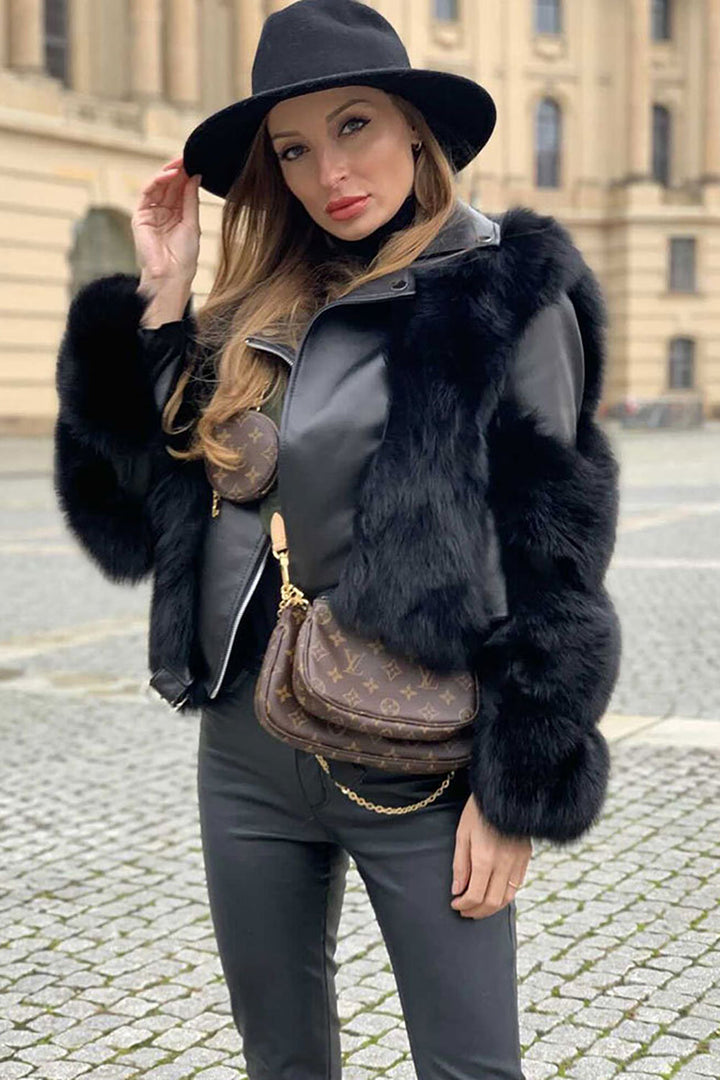 Women's black cropped jacket with faux fur panels