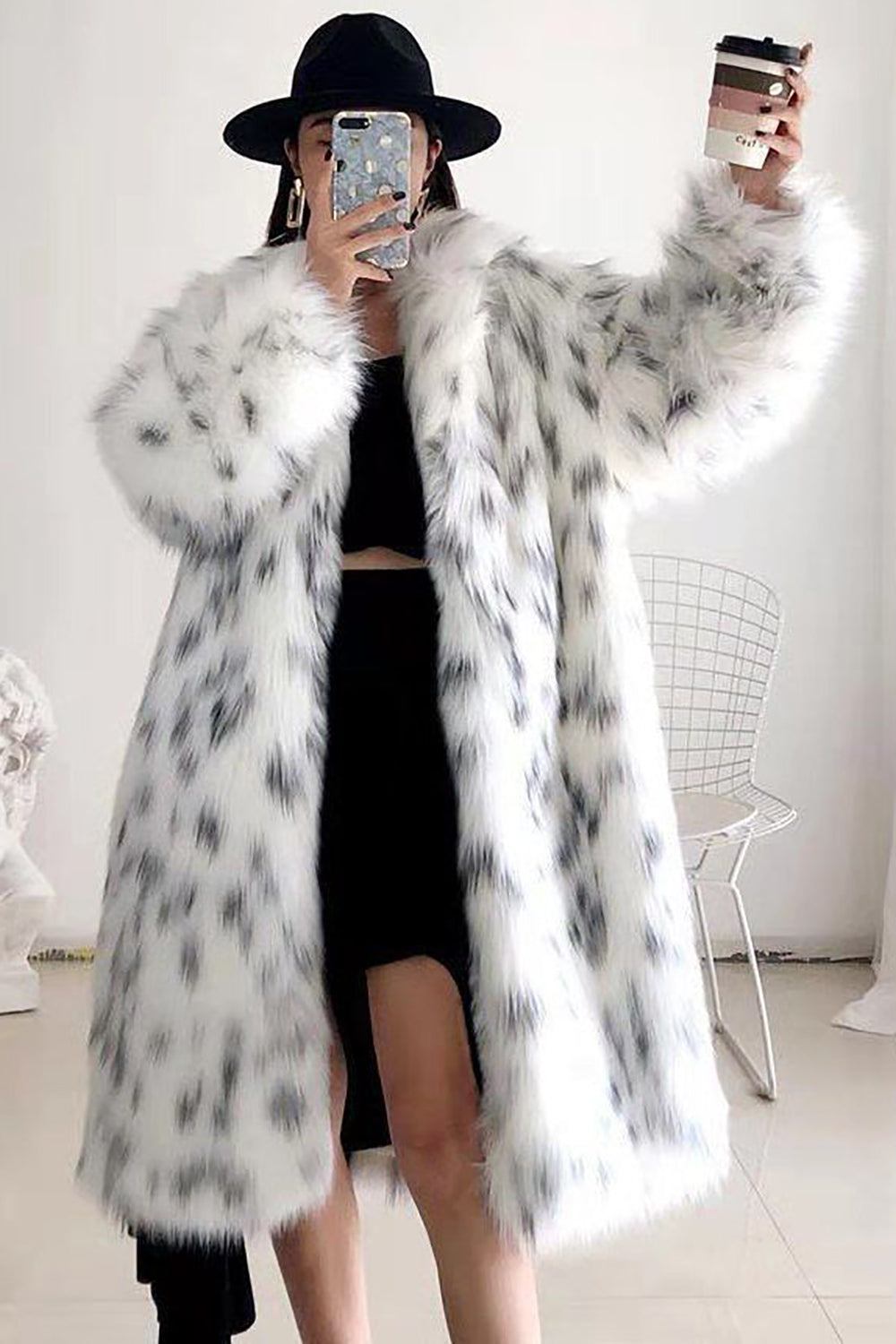 Women's long white and gray textured coat with oversized fit