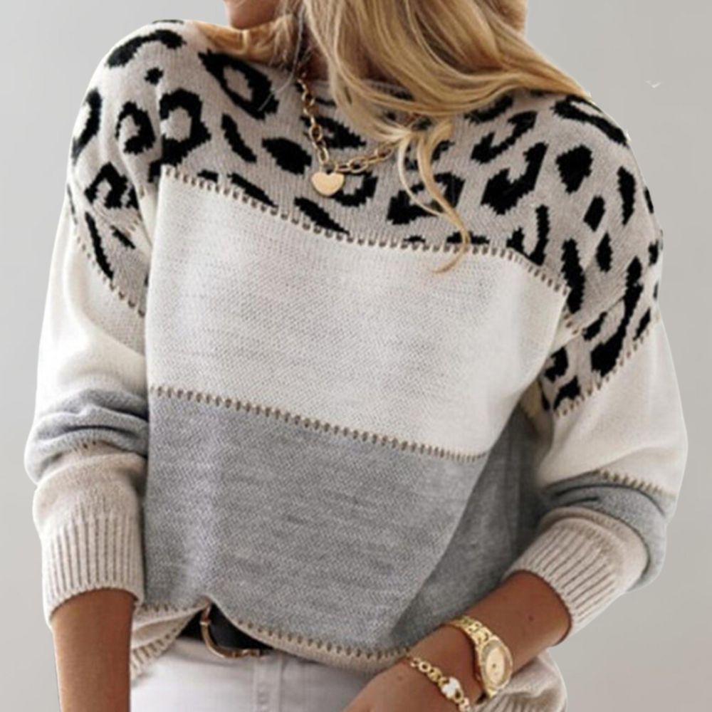 Women's colorblock crew neck sweater with animal print panel and long sleeves