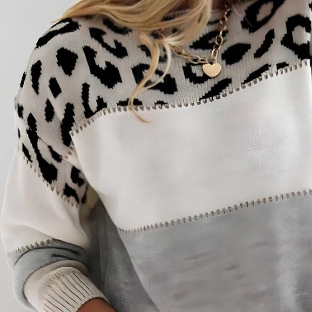 Women's colorblock crew neck sweater with animal print panel and long sleeves