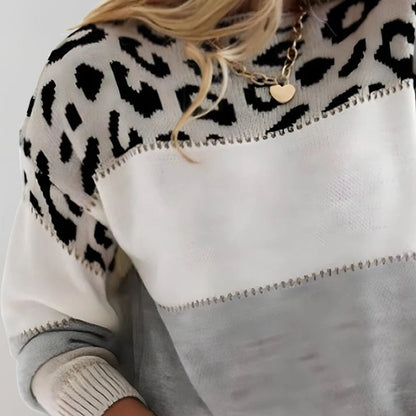 Women's colorblock crew neck sweater with animal print panel and long sleeves