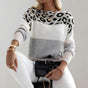 Women's colorblock crew neck sweater with animal print panel and long sleeves