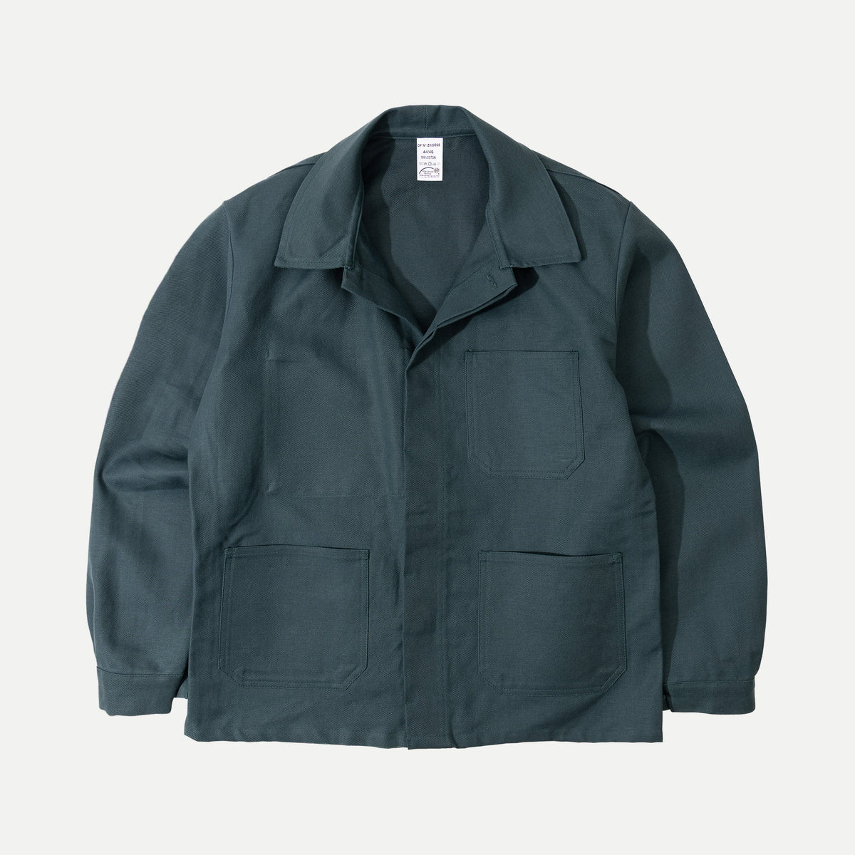 Men's green utility jacket with spread collar, long sleeves and front patch pockets