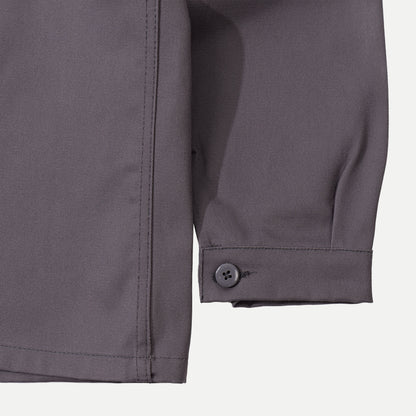 Men's gray utility jacket with pointed collar, long sleeves and four patch pockets