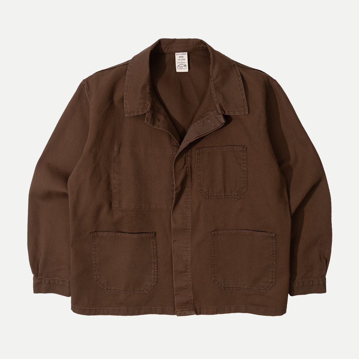 Men's brown utility jacket with shirt collar, long sleeves and four patch pockets