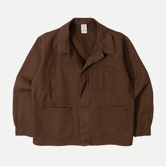 Men's brown utility jacket with shirt collar, long sleeves and four patch pockets
