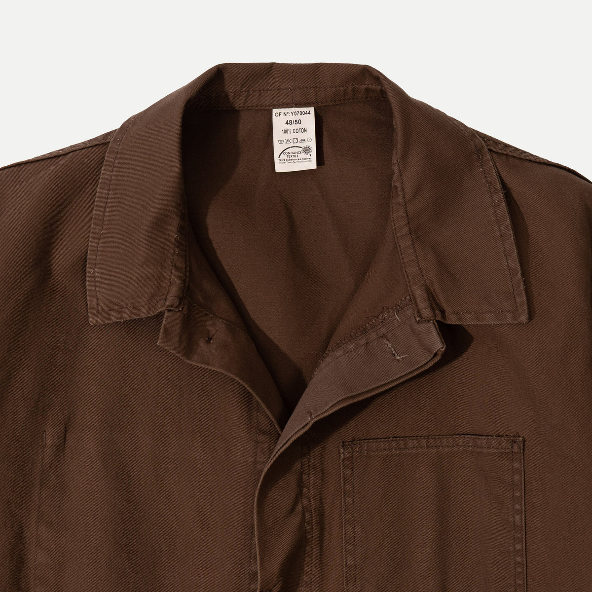 Men's brown utility jacket with shirt collar, long sleeves and four patch pockets