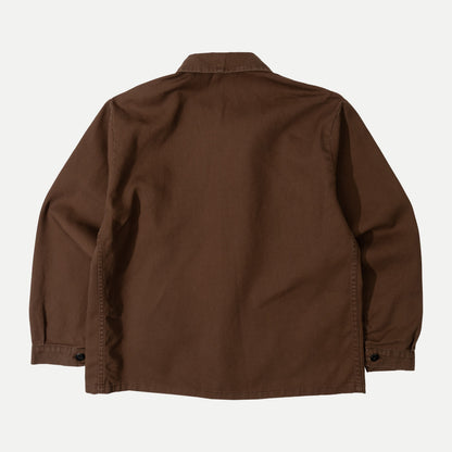 Men's brown utility jacket with shirt collar, long sleeves and four patch pockets
