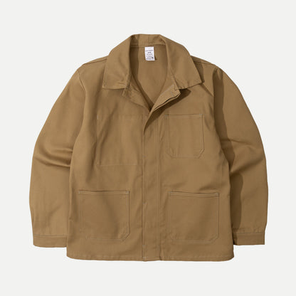 Men's brown utility jacket with point collar, button front and patch pockets