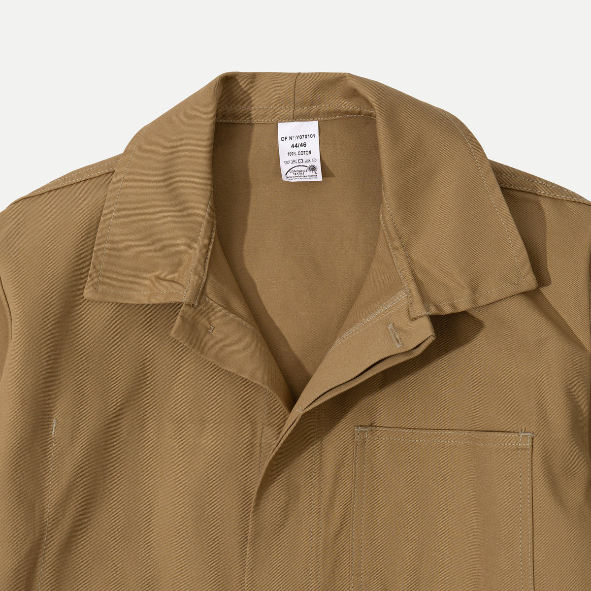 Men's brown utility jacket with point collar, button front and patch pockets