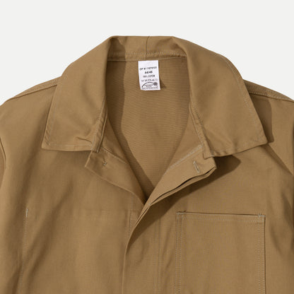 Men's brown utility jacket with point collar, button front and patch pockets