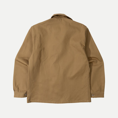 Men's brown utility jacket with point collar, button front and patch pockets