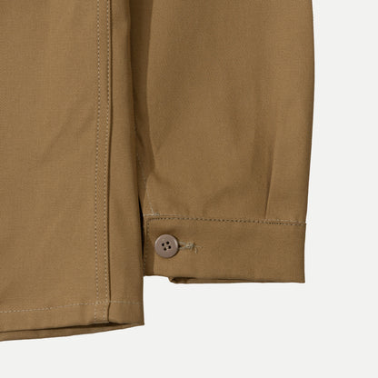 Men's brown utility jacket with point collar, button front and patch pockets