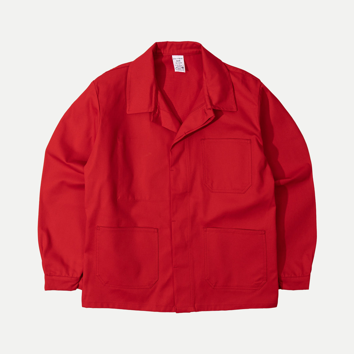 Men's red utility jacket with point collar, button front and patch pockets