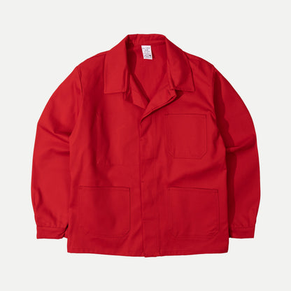 Men's red utility jacket with point collar, button front and patch pockets