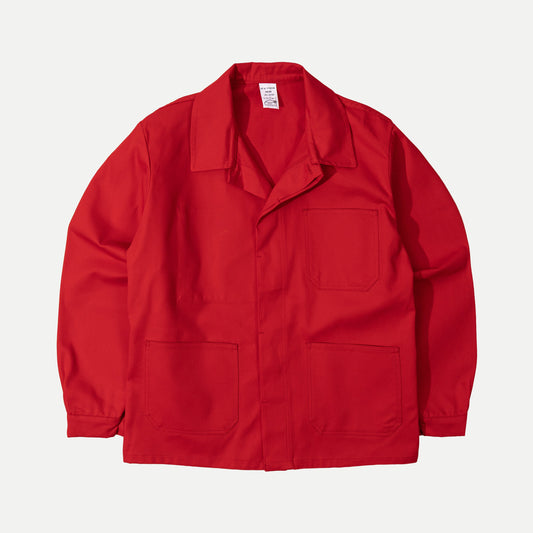 Men's red utility jacket with point collar, button front and patch pockets