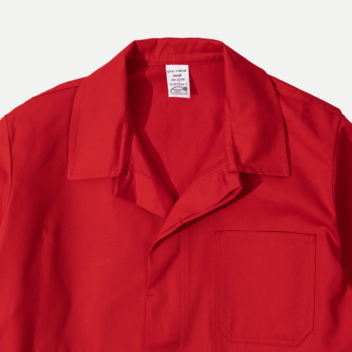 Men's red utility jacket with point collar, button front and patch pockets