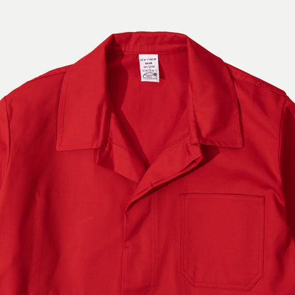 Men's red utility jacket with point collar, button front and patch pockets