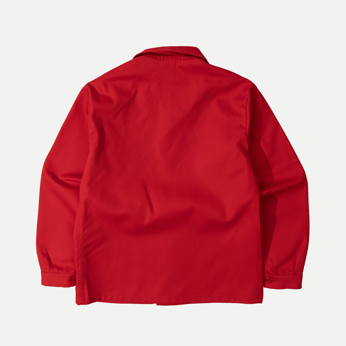 Men's red utility jacket with point collar, button front and patch pockets