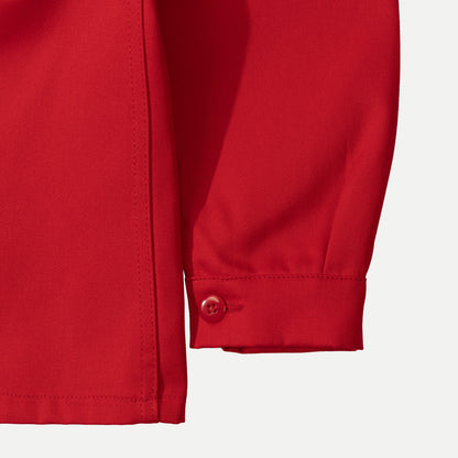 Men's red utility jacket with point collar, button front and patch pockets